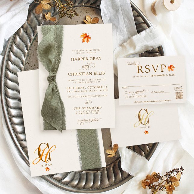 Elegant Fall Leaves Autumn Rustic Ribbon Wedding Invitation (Elegant beige rust orange brown watercolor fall maple leaf simple modern Autumn wedding invitation)