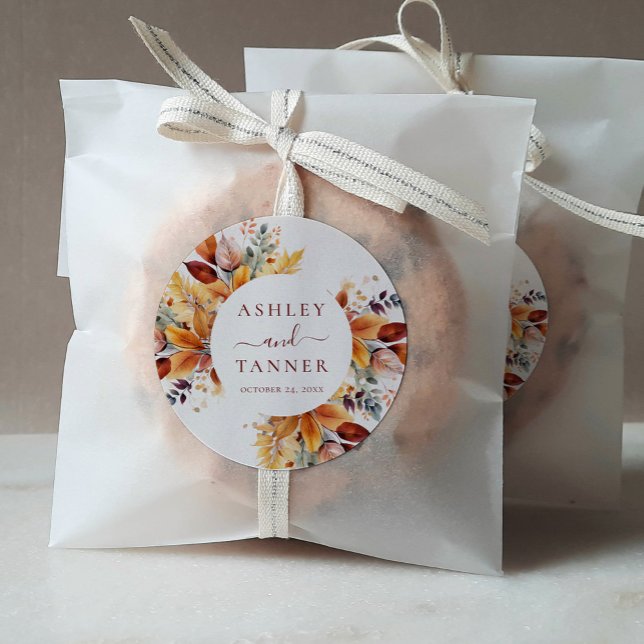 Elegant Fall Leaves Autumn Wedding Classic Round Sticker (Creator Uploaded)