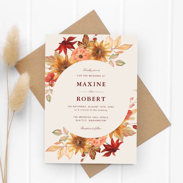 Elegant Fall Leaves Autumn Wedding Invitation (Elegant fall leaves wedding invitation brings cozy autumn romance to your special day.)