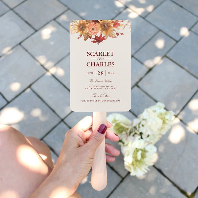 Elegant Fall Leaves Autumn Wedding Program Hand Fan (Elegant fall leaves autumn wedding program hand fan with warm autumn watercolor charm.)