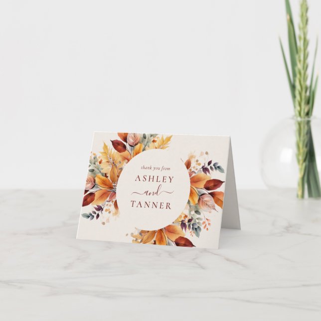 Elegant Fall Leaves Autumn Wedding Thank You Card (Front)