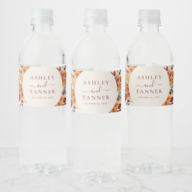 Elegant Fall Leaves Autumn Wedding Water Bottle Label (Bottles)