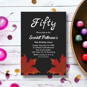 Elegant Fall Leaves Black Floral 50th Birthday Invitation