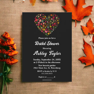 Elegant Fall Leaves Boho Heart Black Bridal Shower Invitation