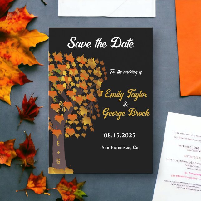 Elegant Fall Leaves Carved Tree Chic Black Wedding Save The Date (Creator Uploaded)