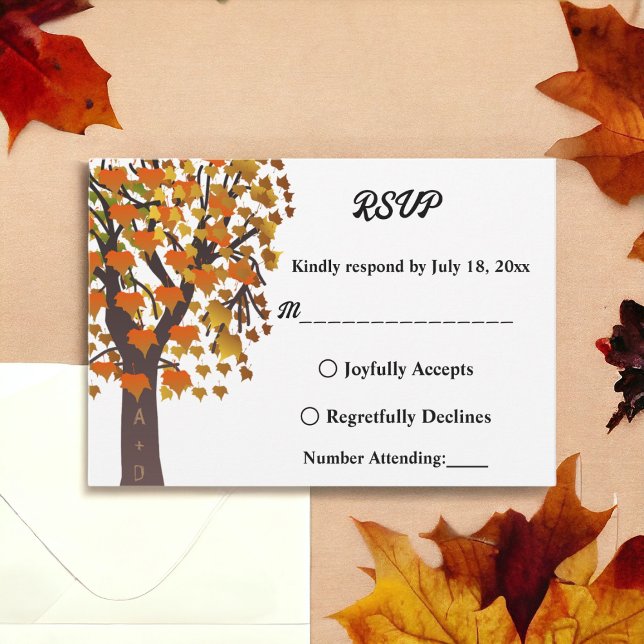 Elegant Fall Leaves Carved Tree Romantic Wedding RSVP Card (Creator Uploaded)