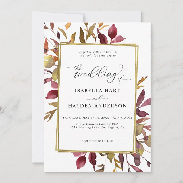 Elegant Fall Leaves Greenery Gold Foil Wedding Invitation (Front)