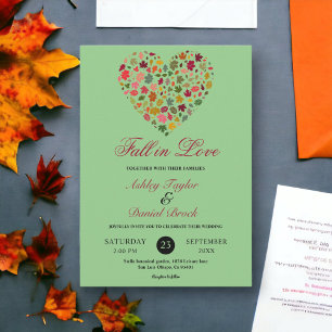 Elegant Fall Leaves Heart Boho Sage Floral Wedding Invitation