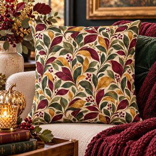 Elegant Fall Leaves in Burgundy, Green, Mustard Cushion