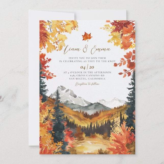 Elegant Fall Leaves Mountain Wedding Invitation (Front)