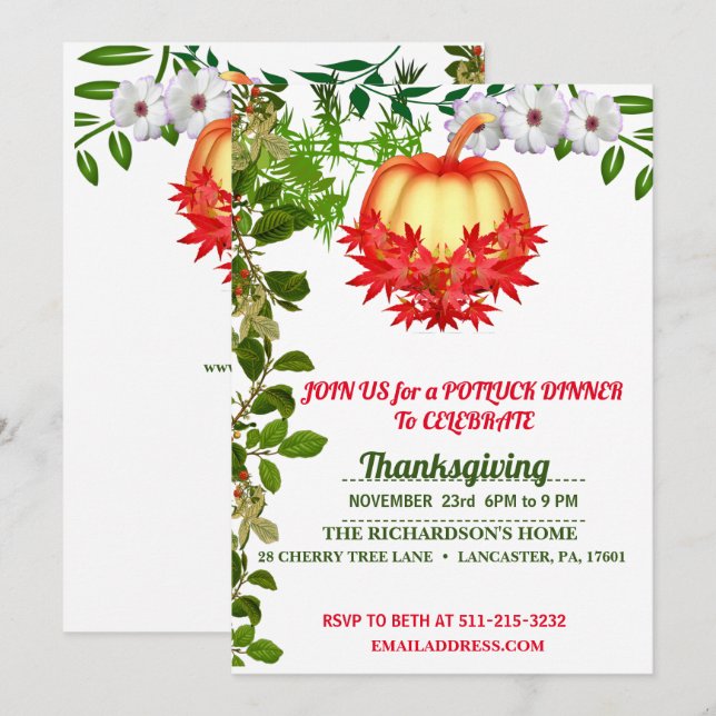 Elegant Fall Leaves Pumpkin Thanksgiving Dinner Invitation (Front/Back)