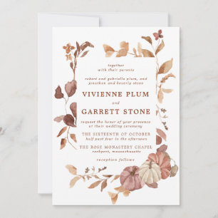 Elegant Fall Leaves Pumpkins Minimalist Wedding In Invitation