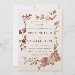 Elegant Fall Leaves Pumpkins Minimalist Wedding Invitation