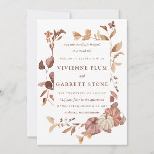 Elegant Fall Leaves Pumpkins Minimalist Wedding Invitation