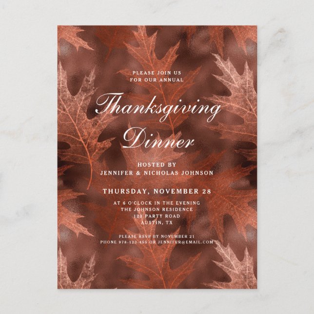 Elegant Fall Leaves Thanksgiving Dinner  Invitation Postcard (Front)