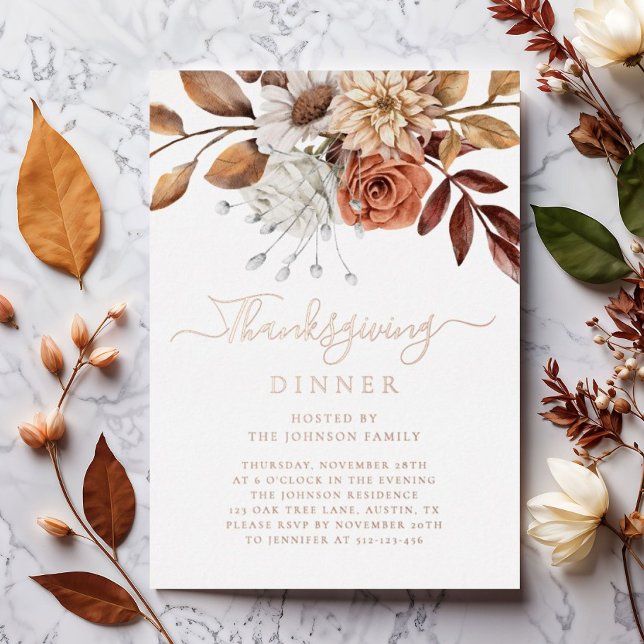 Elegant Fall Leaves Thanksgiving Dinner Rose Gold (Elegant Fall Leaves Thanksgiving Dinner Rose Gold Foil Invitation)