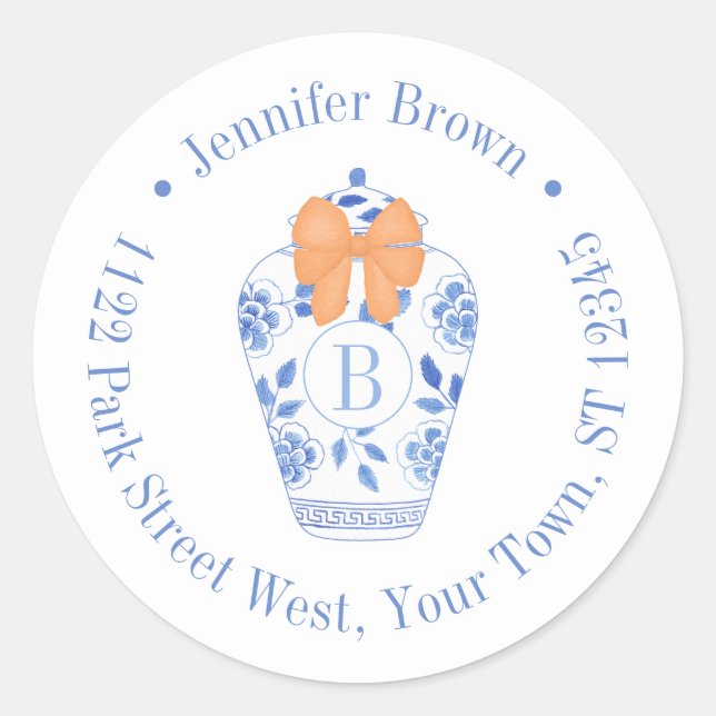 Elegant Fall Monogram Bow Return Address Classic Round Sticker (Front)