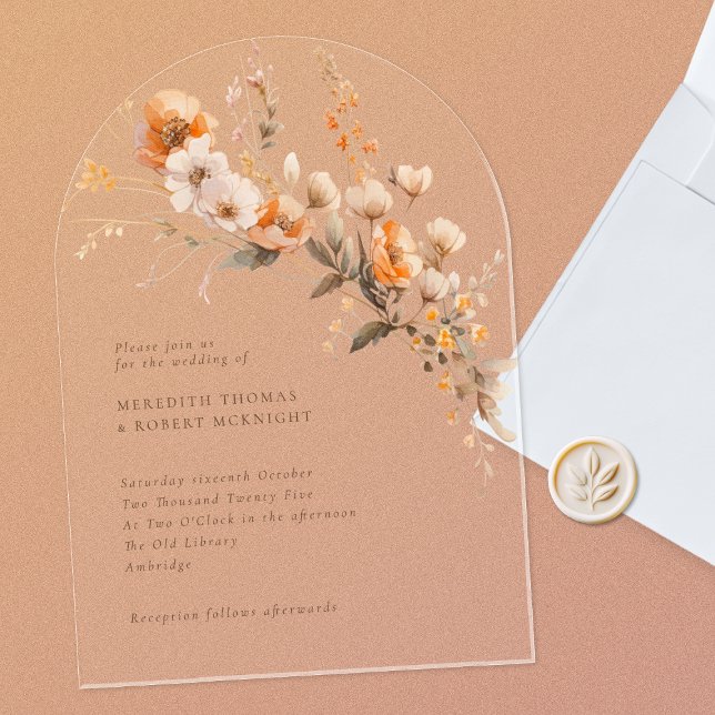 Elegant Fall Orange & Brown Wildflowers Wedding Acrylic Invitations (Creator Uploaded)