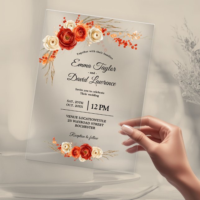 Elegant fall orange terracotta floral wedding  acrylic invitations (Creator Uploaded)