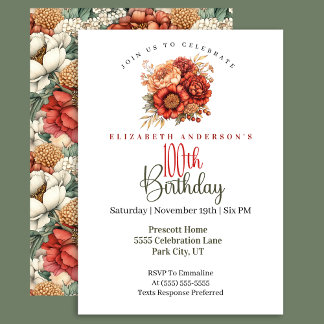 Elegant Fall Peony and Mum 100th Birthday Invitation