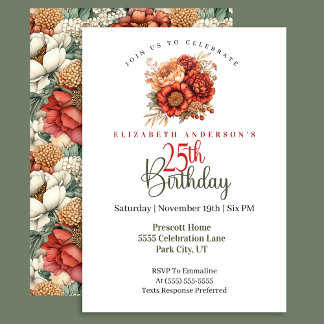 Elegant Fall Peony and Mum 25th Birthday Invitation