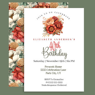 Elegant Fall Peony and Mum 40th Birthday Invitation