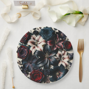 Elegant Fall Pressed Flowers Dark Wedding Paper Plate
