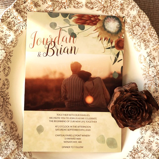 Elegant Fall Proteas Wedding Invitation (Burnt Orange, Gold Protea, and Eucalyptus Green Fall Wedding Invitation)