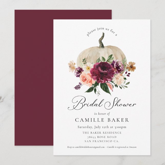 Elegant Fall Pumpkin Burgundy Floral Bridal Shower Invitation (Front/Back)