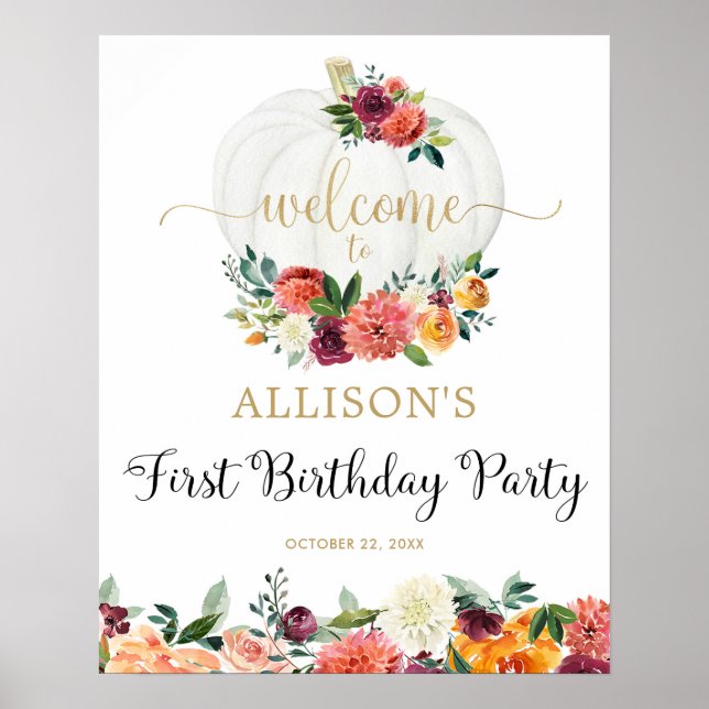 Elegant Fall Pumpkin first birthday welcome sign (Front)