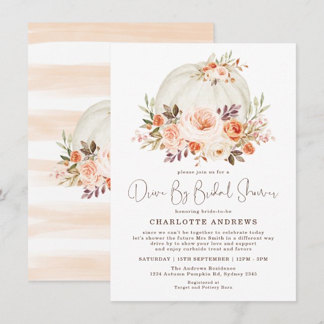 Elegant Fall Pumpkin Floral Drive By Bridal Shower Invitation (Front/Back)