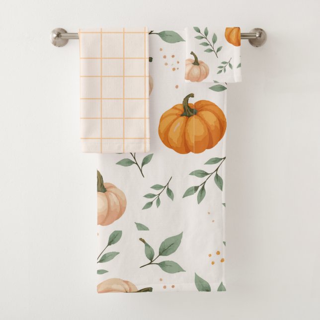  Elegant Fall Pumpkins Leaves Watercolor Pattern Bath Towel Set (Insitu)