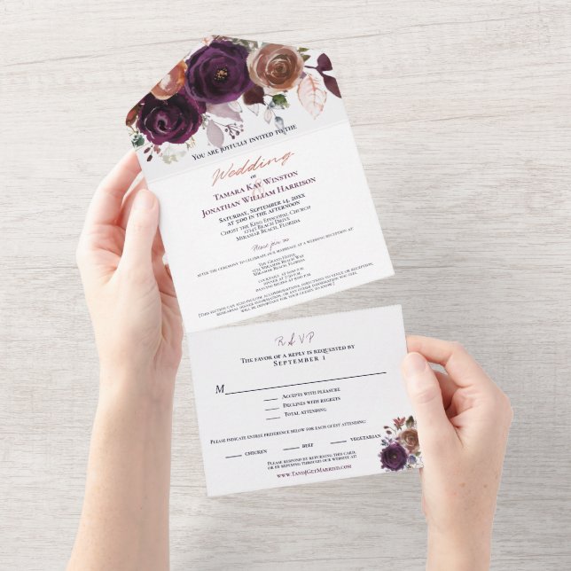 Elegant Fall Purple Champagne Rust Floral Wedding All In One Invitation (Tearaway)