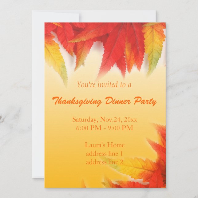 Elegant fall read leaves thanksgiving dinner party invitation (Front)