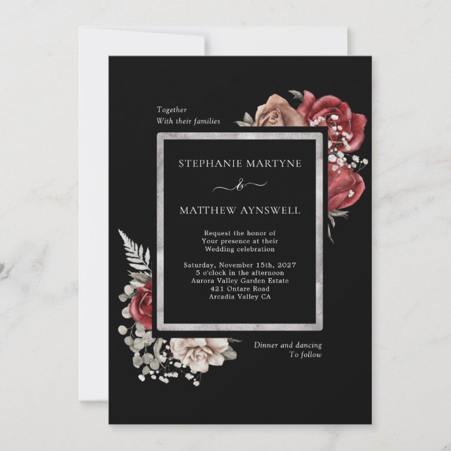 Elegant Fall Red Rose Botanical Wedding Black Invitation (Front)