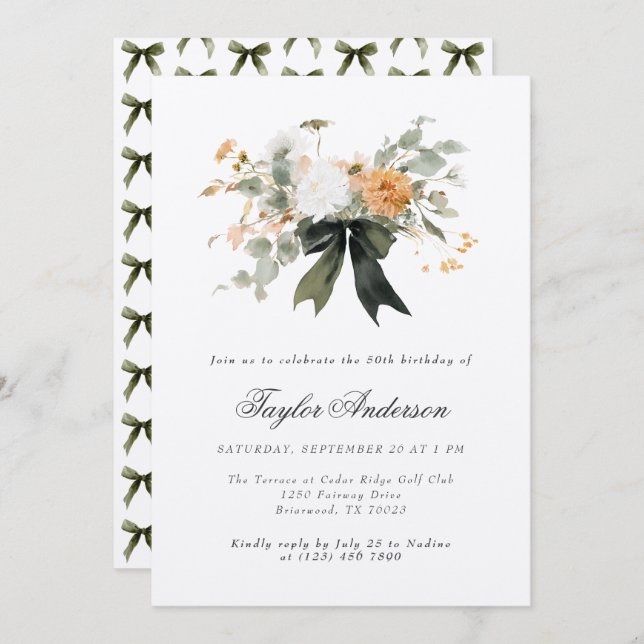 Elegant Fall Ribbon Bow Flower Bouquet Birthday Invitation (Front/Back)