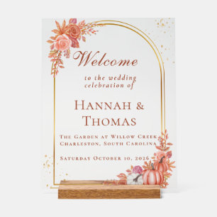 Elegant Fall Roses w/Foliage & Gold Wedding Invite Acrylic Sign
