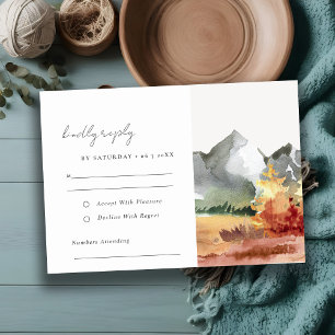 Elegant Fall Rust Orange Mountain Trees Wedding RSVP Card