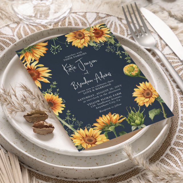 Elegant Fall Sunflower Floral & Navy Wedding Invitation (Creator Uploaded)