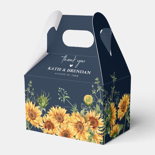 Elegant Fall Sunflower & Navy Thank You Wedding Favour Box (Front Side)