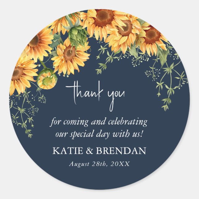 Elegant Fall Sunflower & Navy Wedding Thank You Classic Round Sticker (Front)