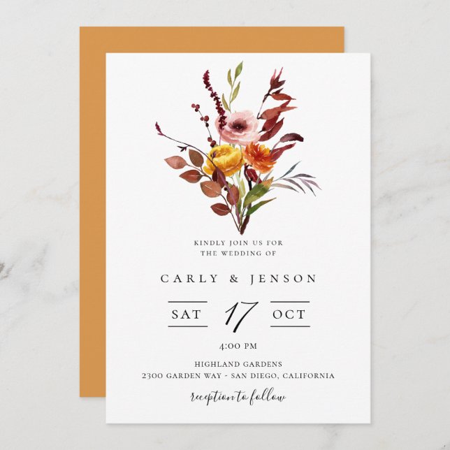 Elegant Fall Watercolor Bouquet Wedding Invitation (Front/Back)