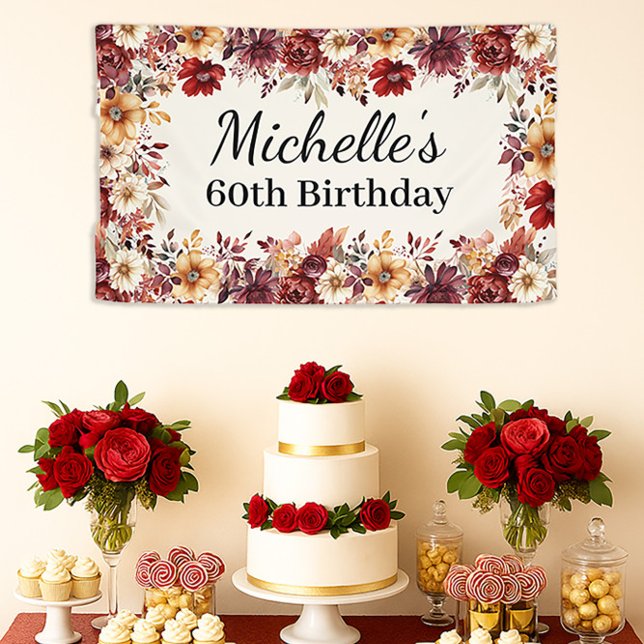 Elegant Fall Watercolor Floral 60th Birthday Banner (Fall floral 60th birthday party banner)