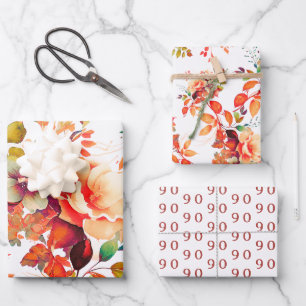 Elegant Fall Watercolor Floral 90th Birthday Wrapping Paper Sheet