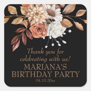 Elegant Fall Watercolor Floral Black Party Favor Square Sticker