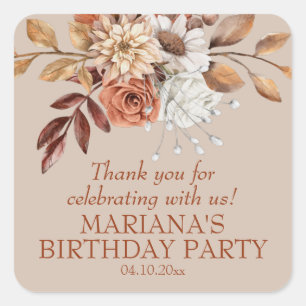 Elegant Fall Watercolor Floral Taupe Party Favour Square Sticker