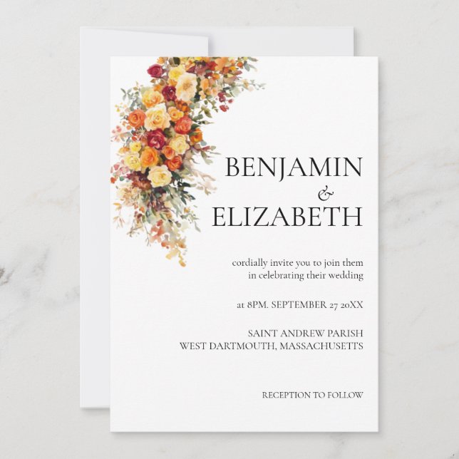 Elegant Fall Wedding Invitation Cascading bouquet (Front)