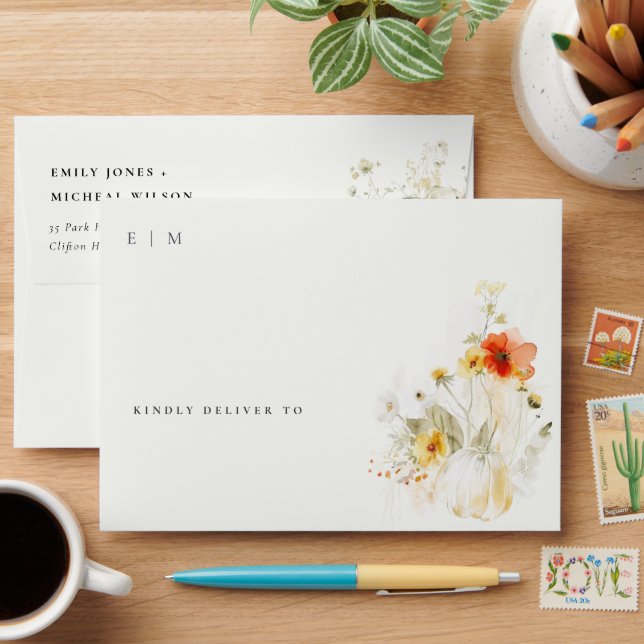 Elegant Fall Wildflower Pumpkin Watercolor Wedding Envelope (Desk)