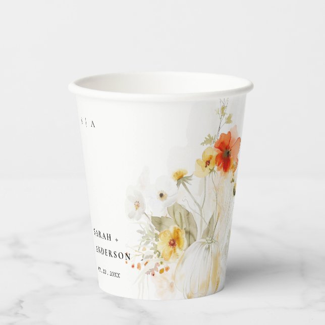 Elegant Fall Wildflower Pumpkin Watercolor Wedding Paper Cups (Front)