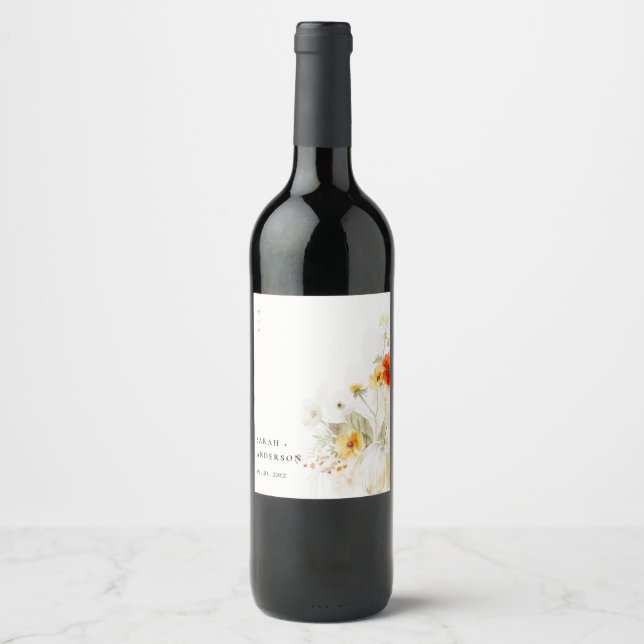 Elegant Fall Wildflower Pumpkin Watercolor Wedding Wine Label (Front)